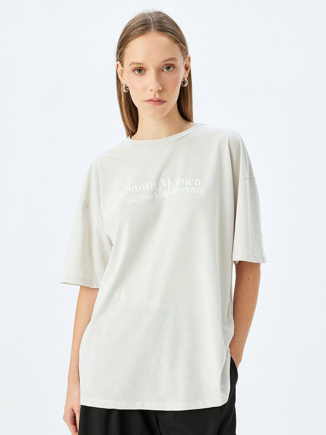 

Koton Women Typography Printed Round Neck Cotton Oversized T-shirt, Beige