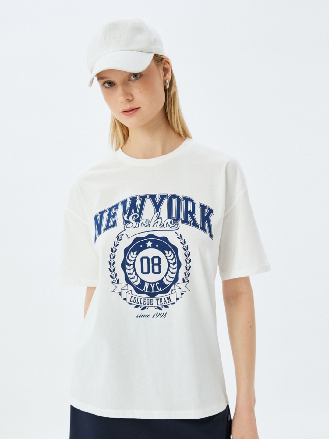 Koton Women Typography Printed Round Neck Cotton T-shirt, White