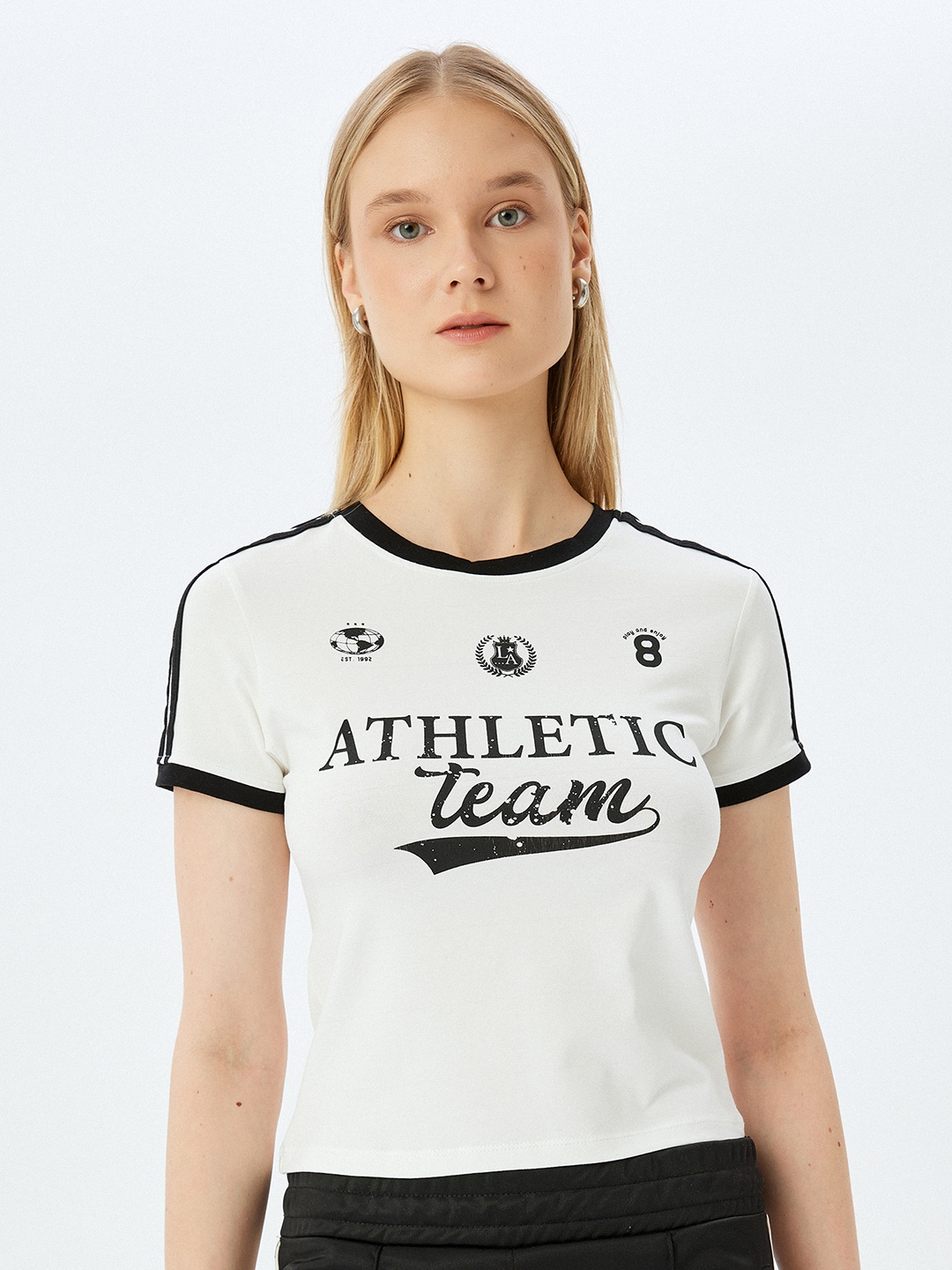 

Koton Women Typography Printed Round Neck Cotton Slim Fit T-shirt, White