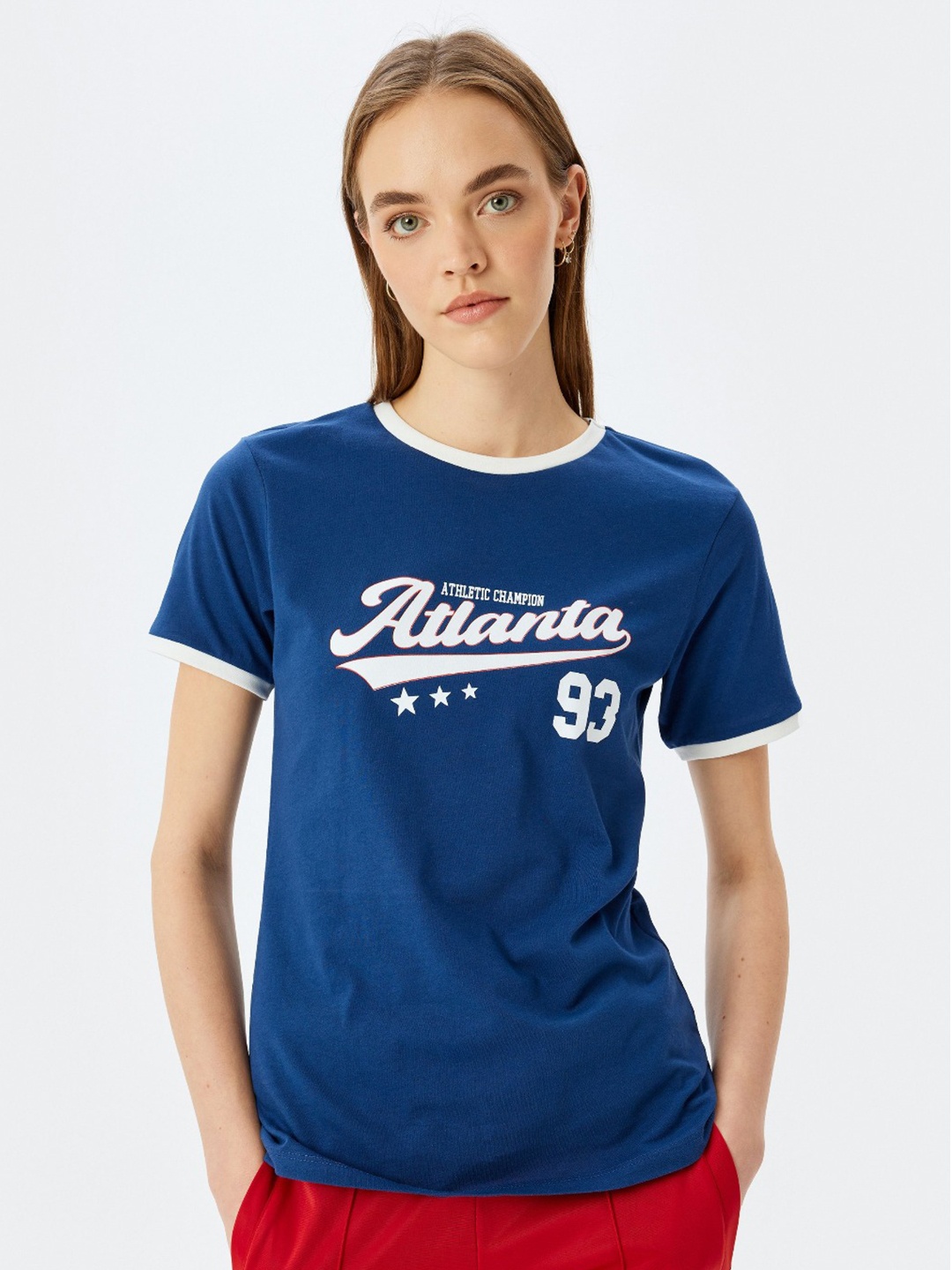 

Koton Women Typography Printed Round Neck Cotton T-shirt, Navy blue