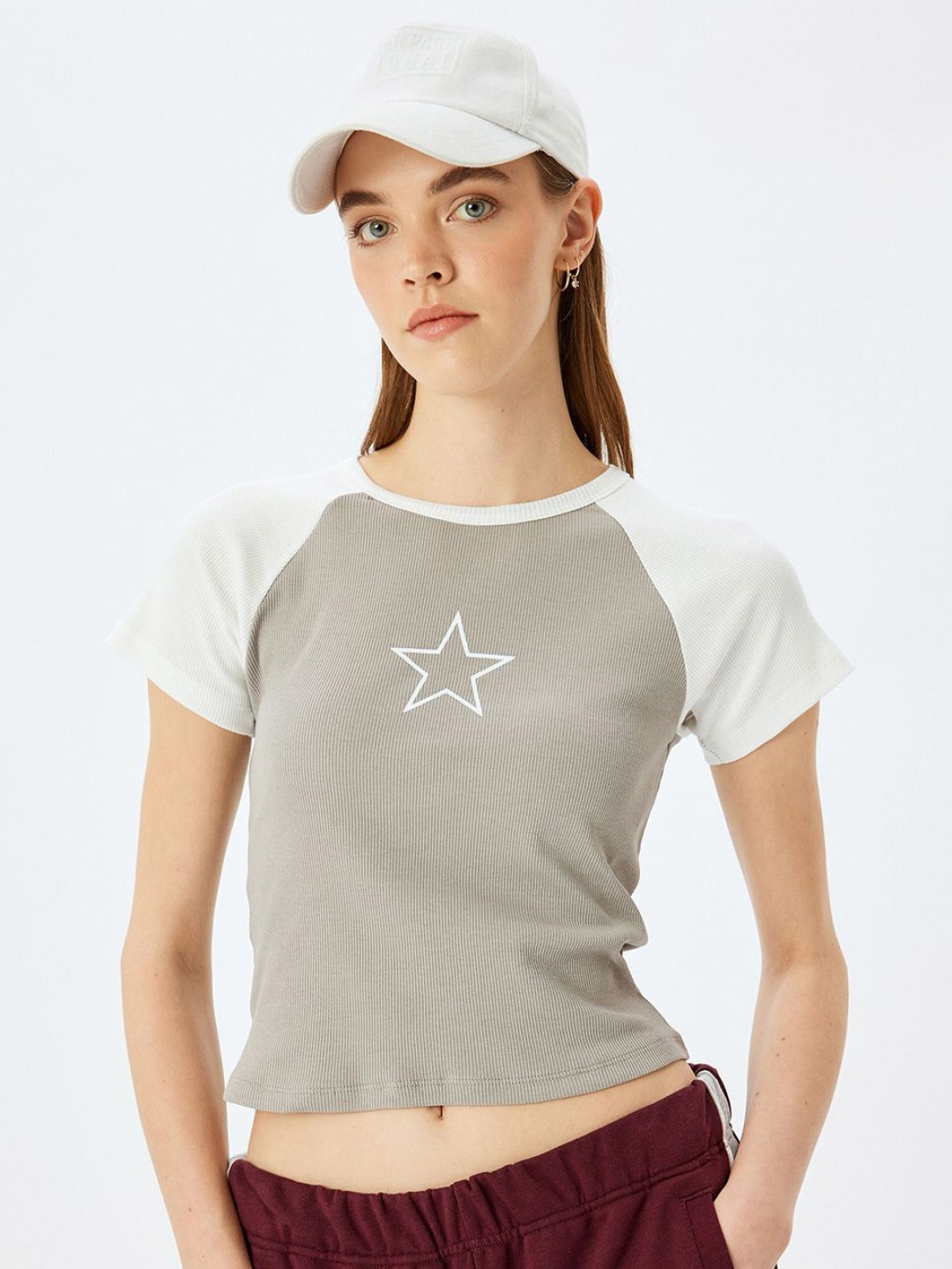 

Koton Women Colourblocked Round Neck Cotton Slim Fit T-shirt, Grey