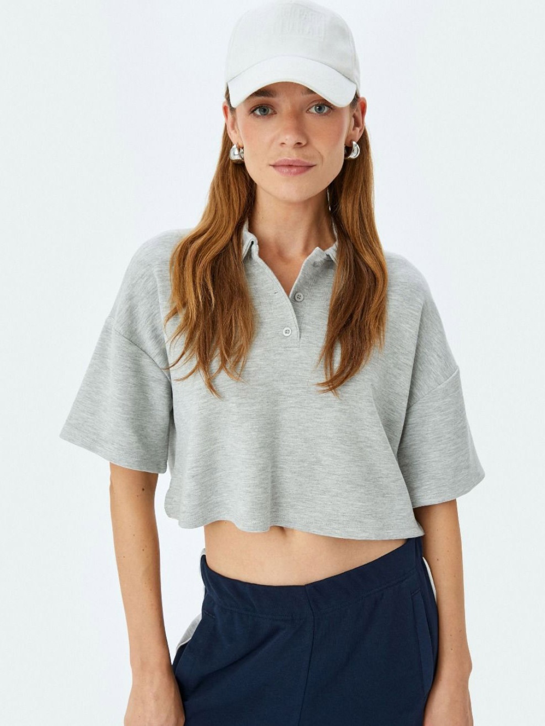

Koton Women V-Neck Extended Sleeves Pockets T-shirt, Grey