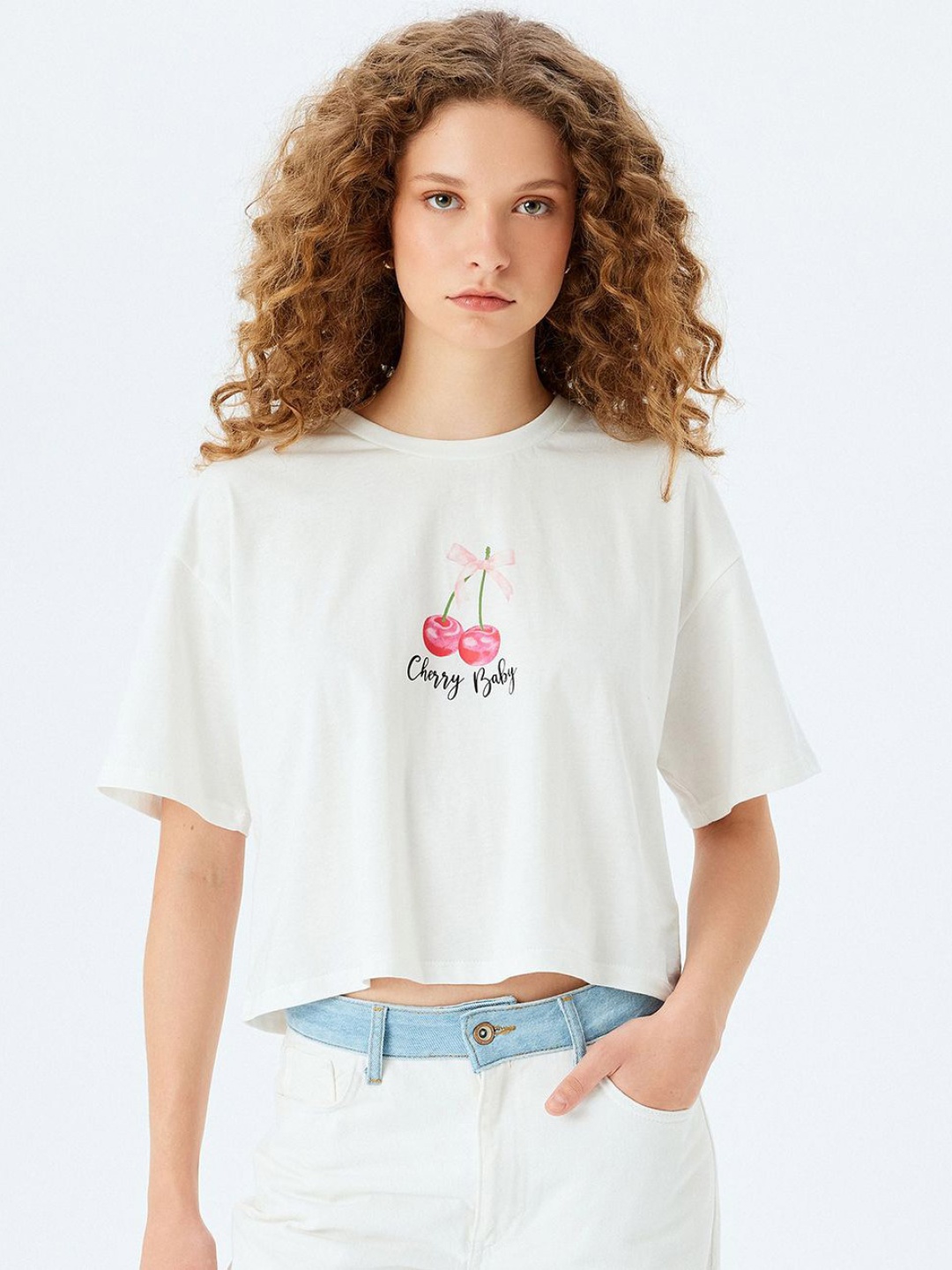 Koton Women Graphic Printed Round Neck Cotton Relaxed Fit T-shirt, White