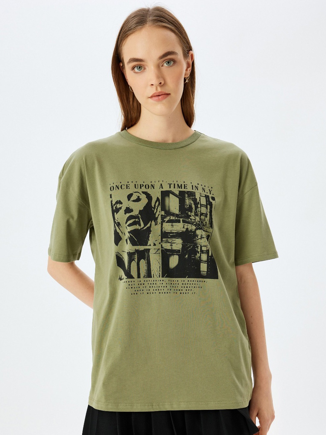 

Koton Women Graphic Printed Round Neck Cotton Oversized T-shirt, Green