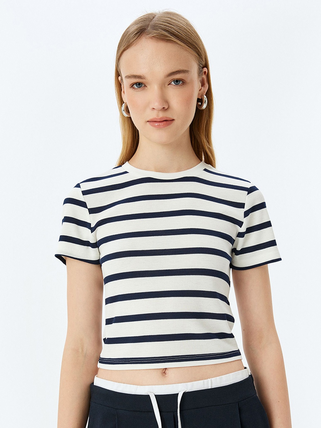 

Koton Women Striped Round Neck Slim Fit T-shirt, Off white