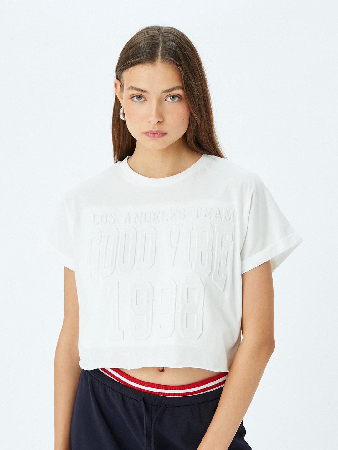 

Koton Women Typography Printed Round Neck Cotton Boxy T-shirt, White