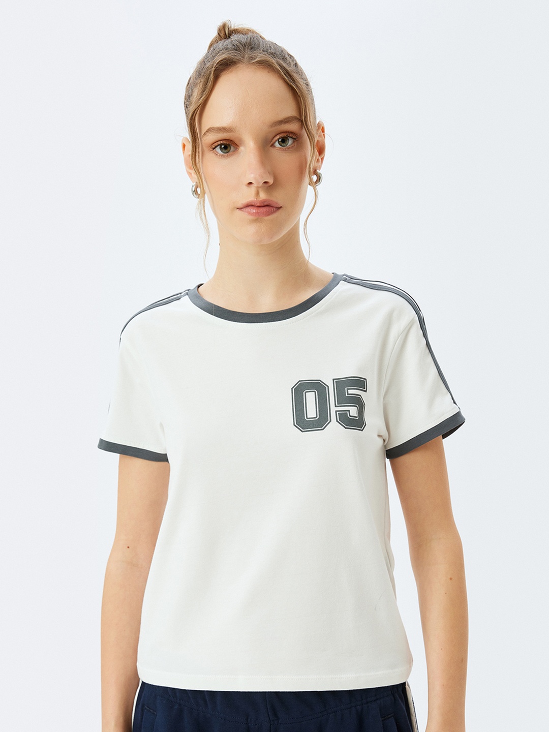 

Koton Women Typography Printed Round Neck Cotton Slim Fit T-shirt, Beige