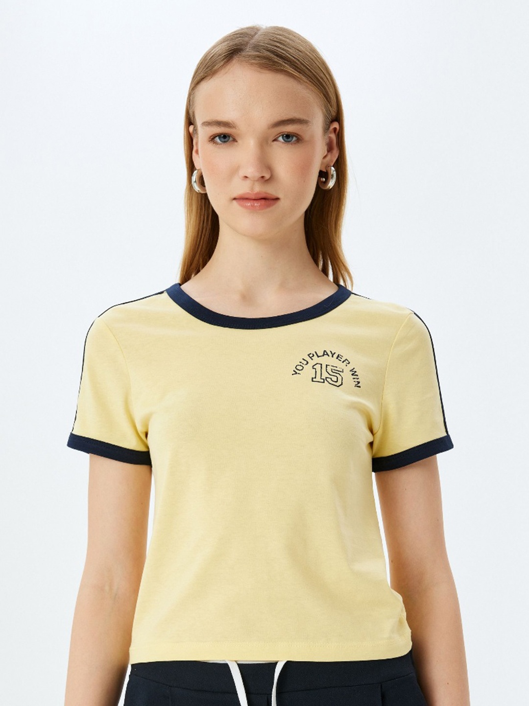 

Koton Women Typography Printed Round Neck Cotton T-shirt, Yellow