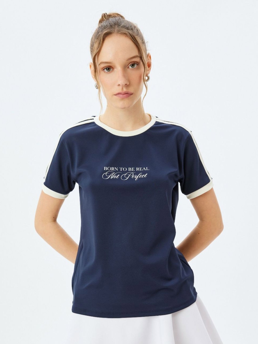 

Koton Women Typography Printed Round Neck T-shirt, Navy blue