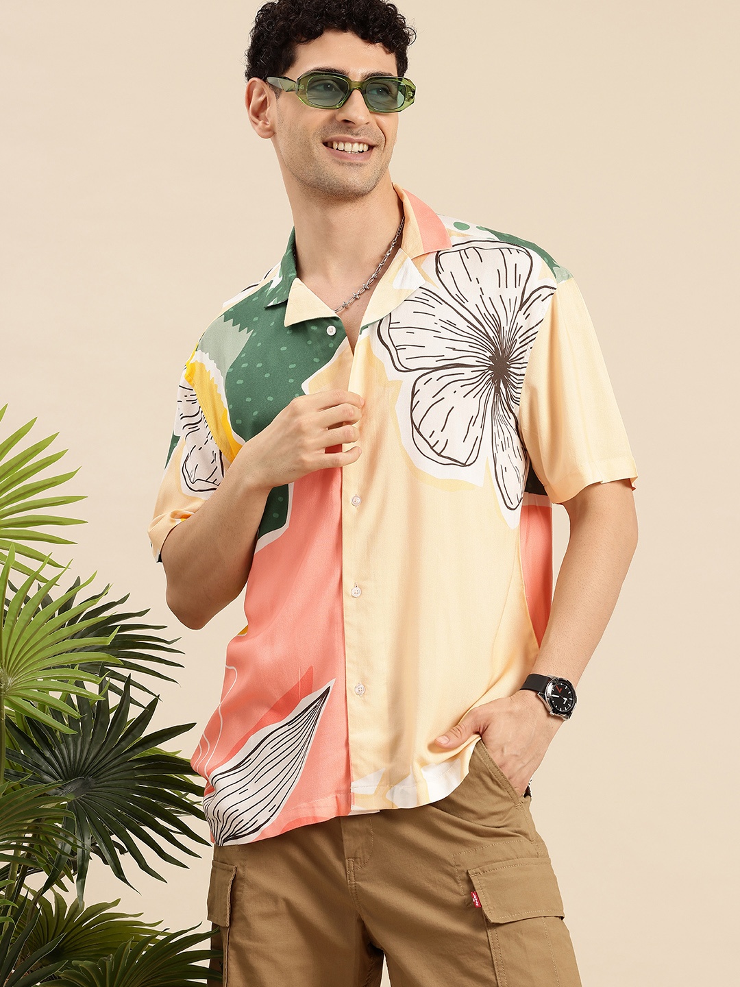 

Mast & Harbour Men Standard Floral Printed Cuban Collar Casual Shirt, Beige