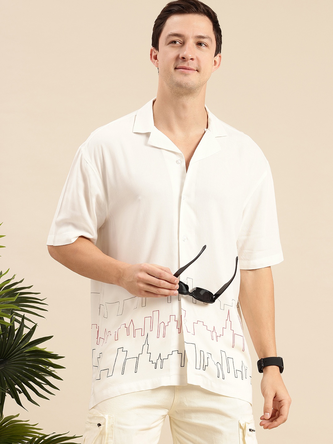 

Mast & Harbour Men Standard Printed Cuban Collar Casual Shirt, White