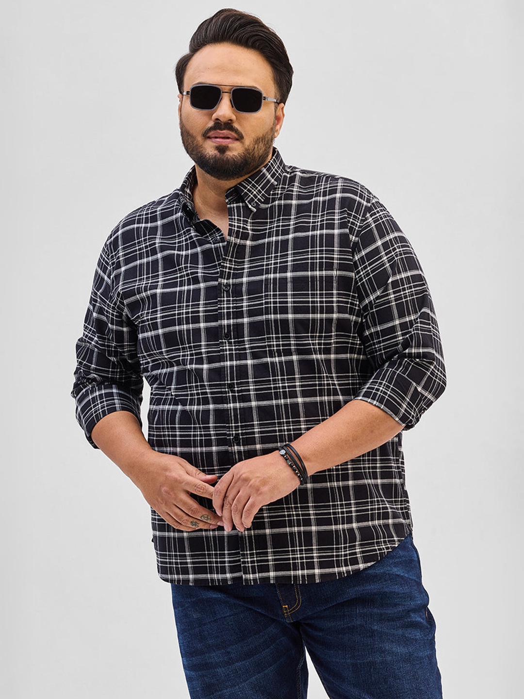 Snitch Plus Size Men Classic Opaque Checked Casual Shirt, Charcoal