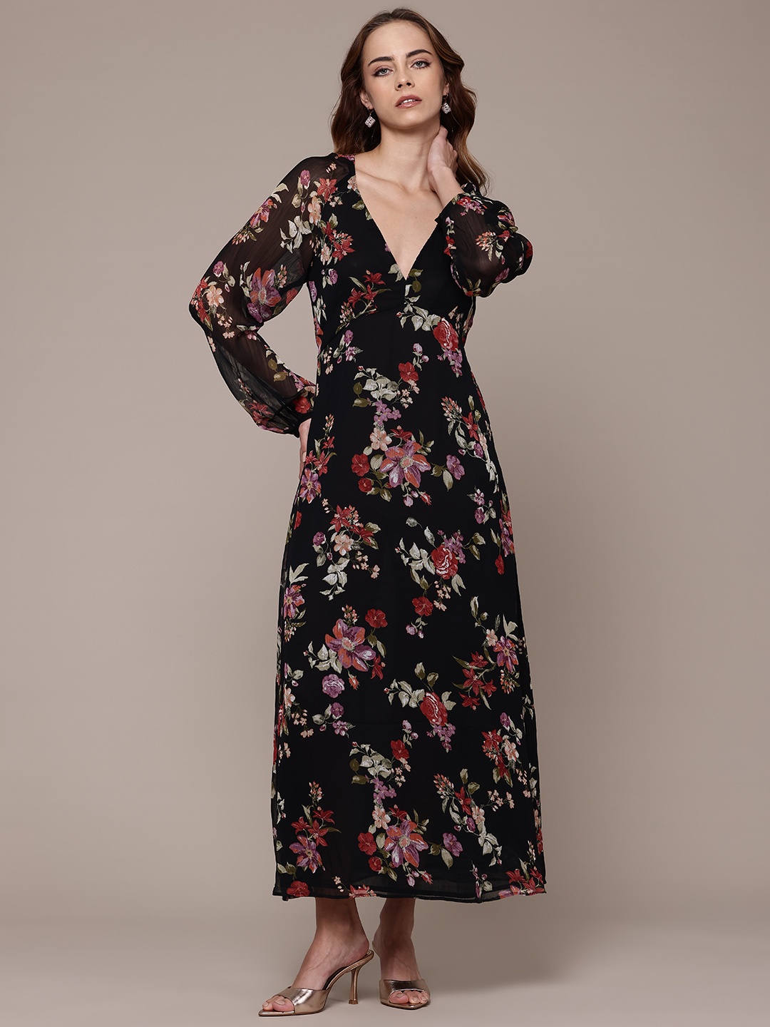 

MANGO Floral Print Empire Maxi Dress, Black