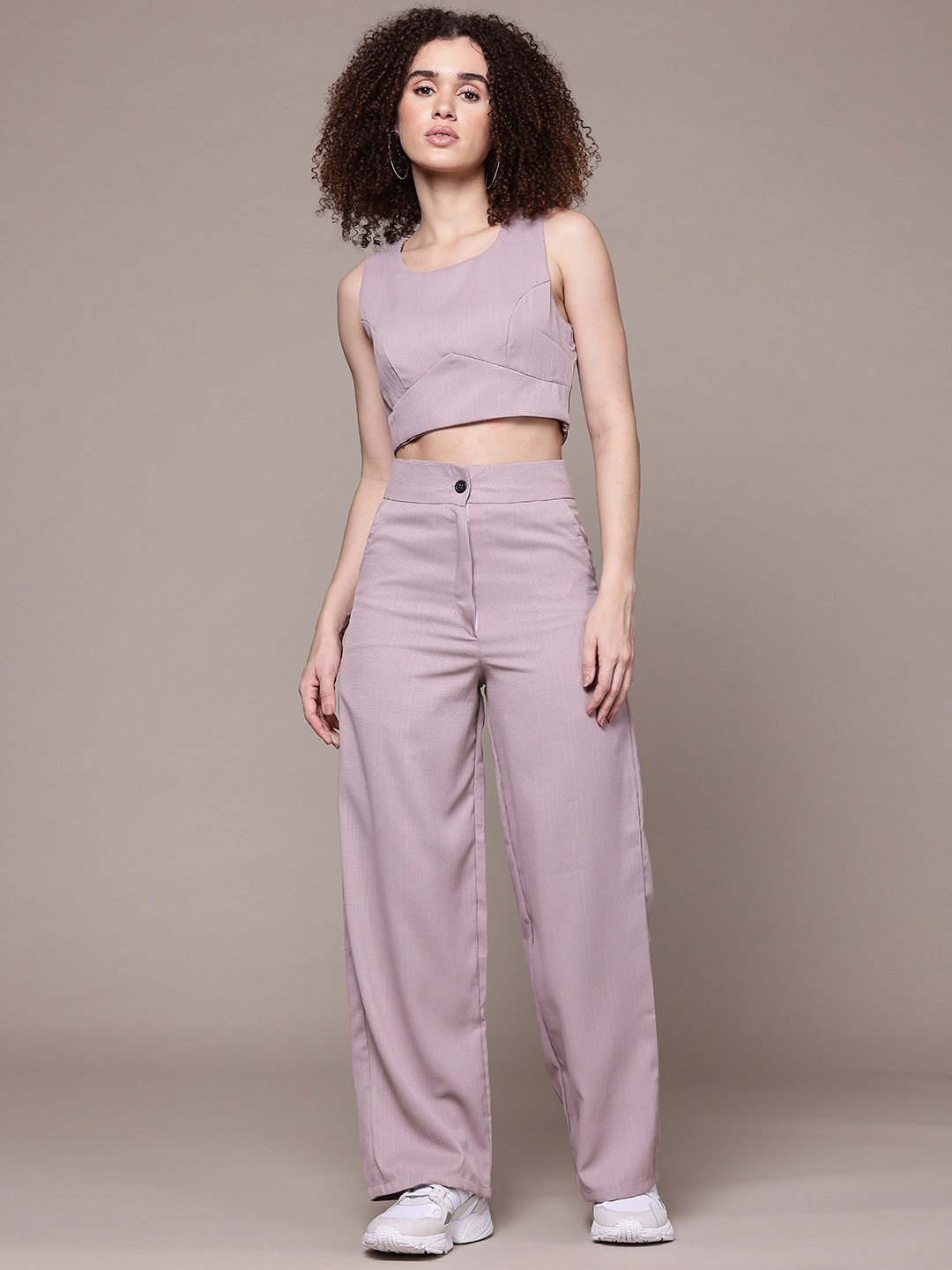 

The Roadster Lifestyle Co. Checks Textured Crop Top with Trousers Co-Ord Set, Pink