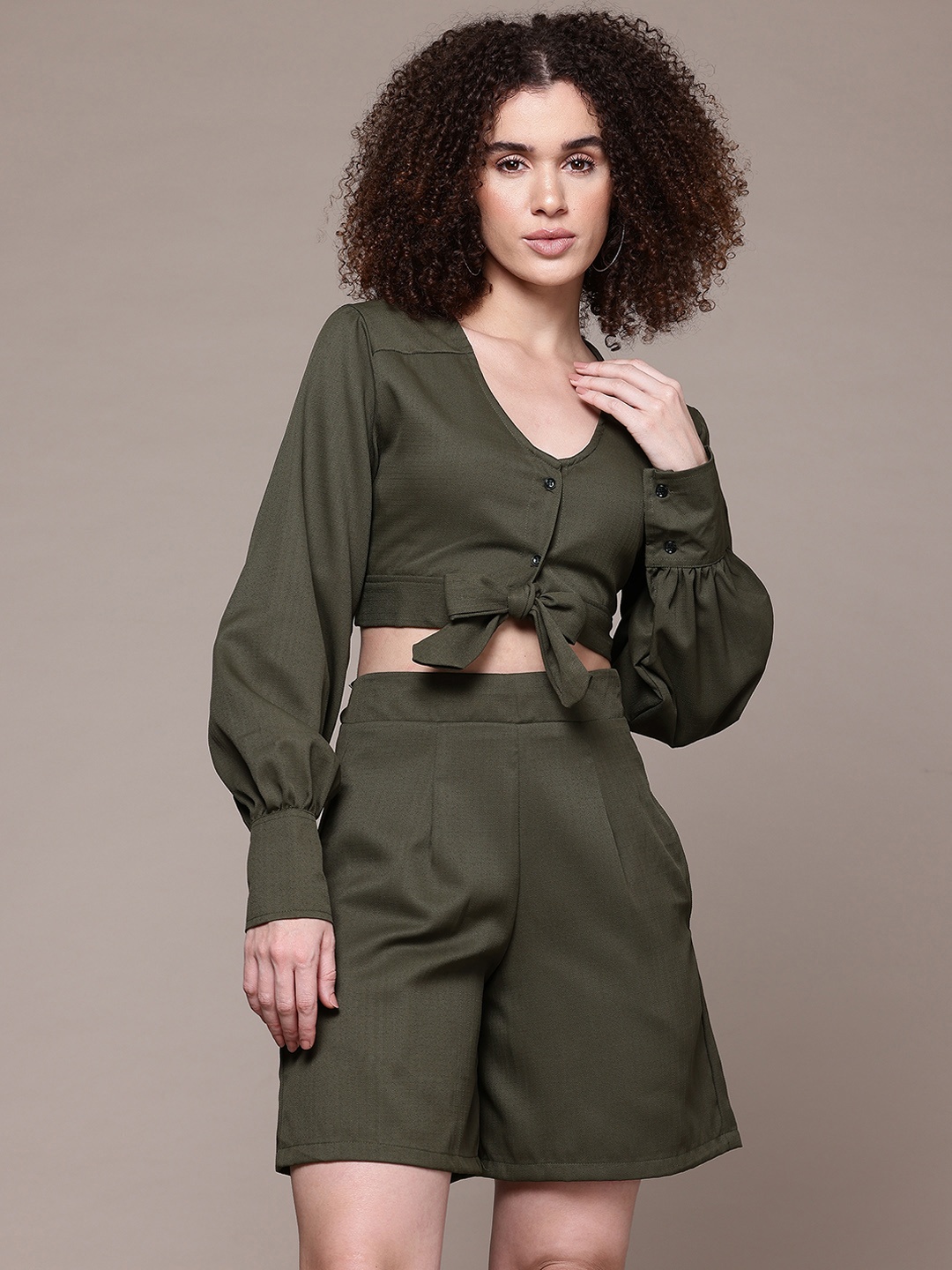 

The Roadster Lifestyle Co. Textured Tie Up Detail Crop Top with Short Co-Ord Set, Olive