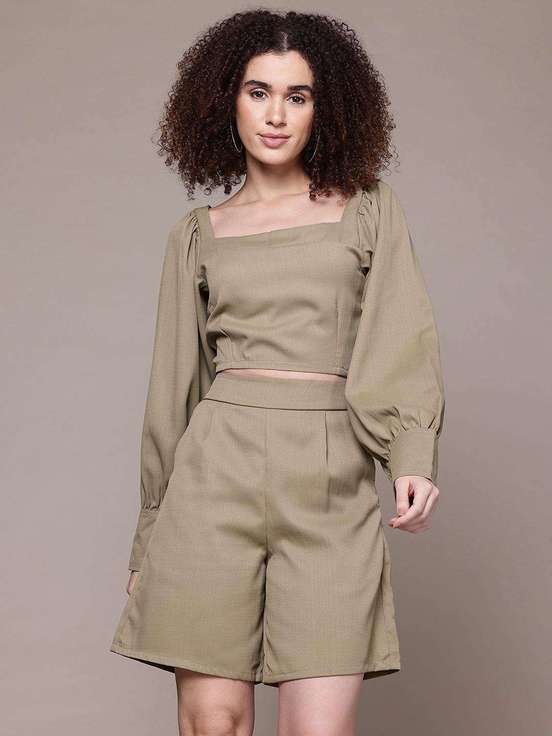 

The Roadster Lifestyle Co. Textured Crop Top with Short Co-Ord Set, Khaki