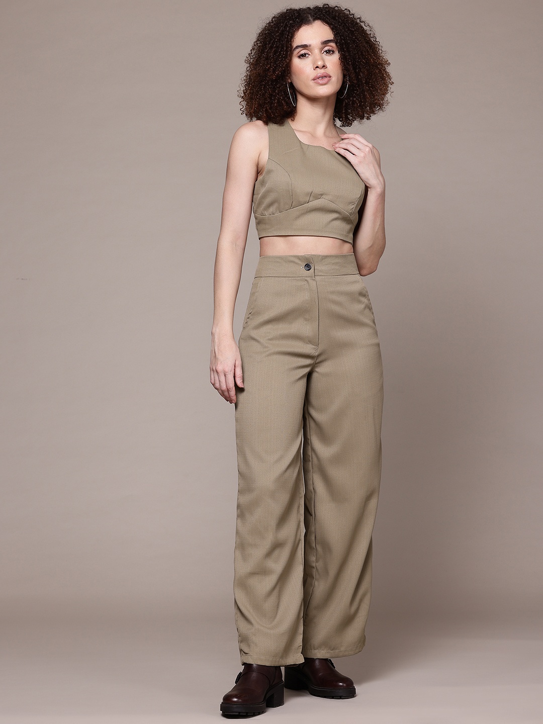 

The Roadster Lifestyle Co. Checks Textured Crop Top with Trousers Co-Ord Set, Camel brown