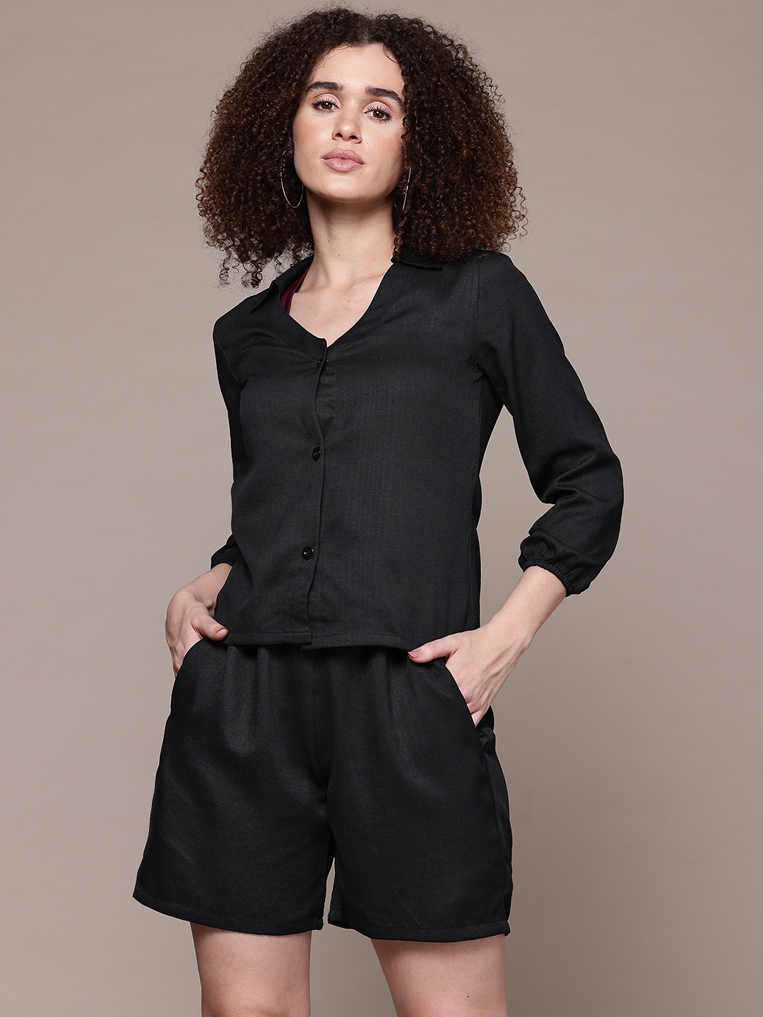 

The Roadster Lifestyle Co. Textured Shirt with Short Co-Ord Set, Black