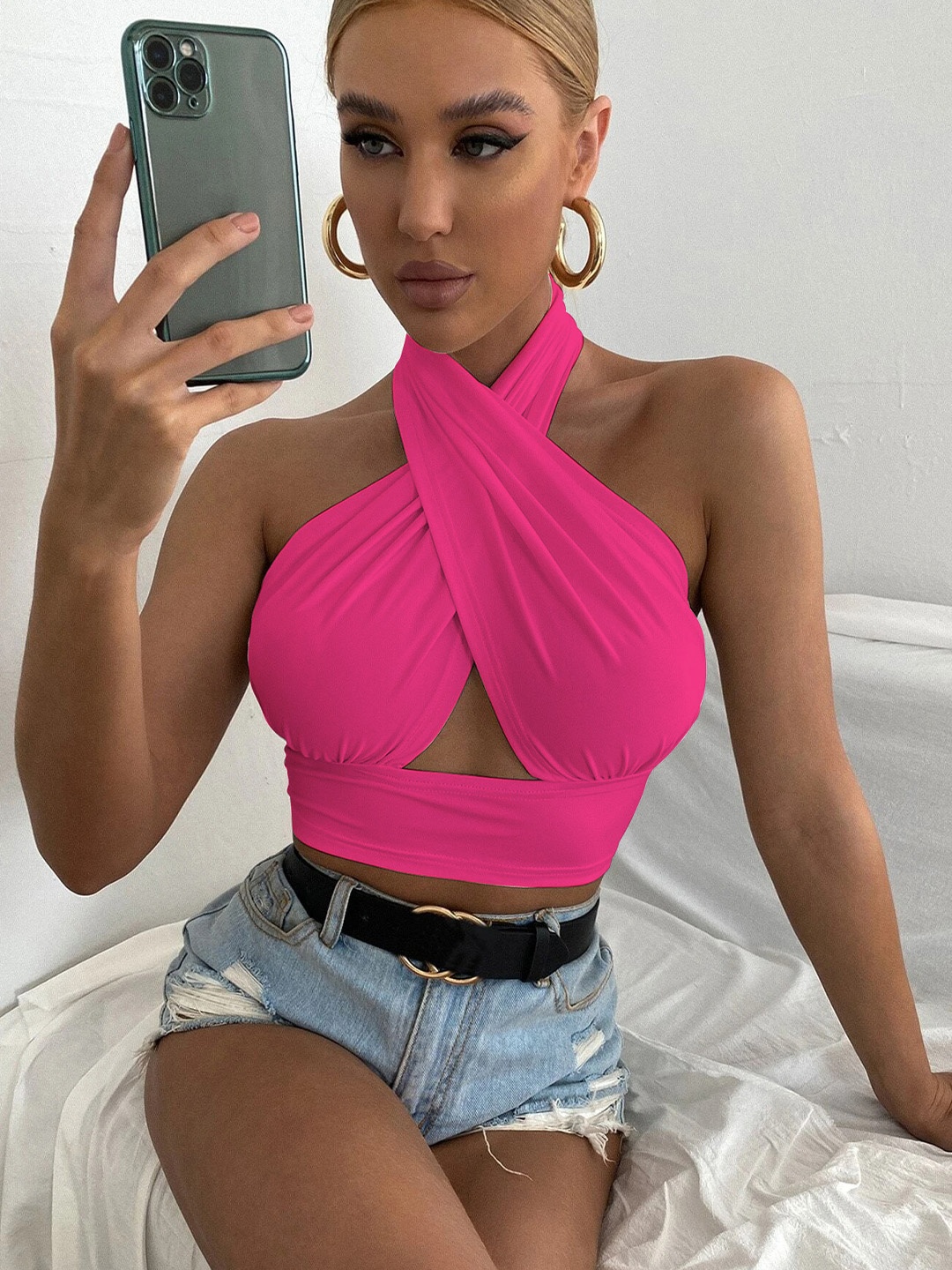 

Stylecast X Slyck Halter Neck Fitted Crop Top, Pink