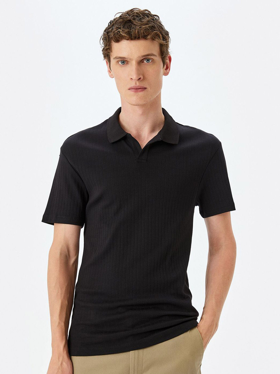 

Koton Men Self Design Polo Collar Cotton T-shirt, Black