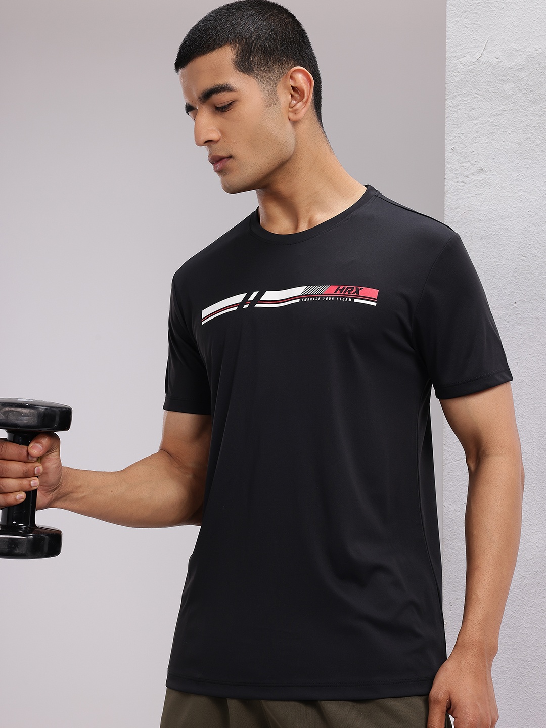 

HRX by Hrithik Roshan Men Striped Rapid-Dry Training T-shirt, Black