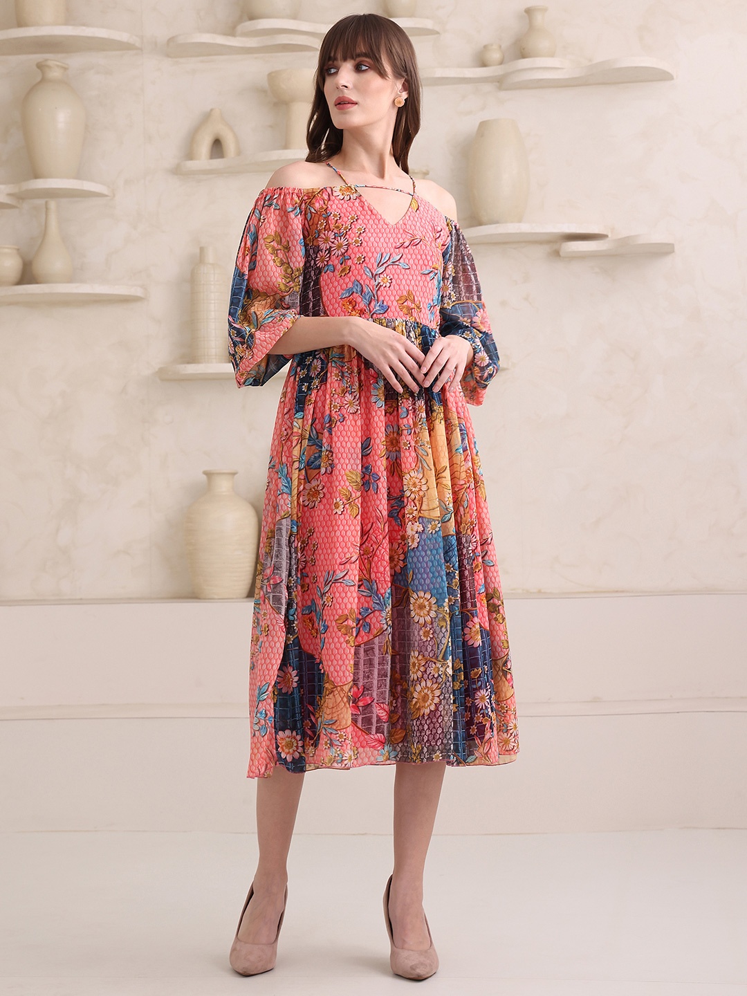 

PURVAJA Women Floral Printed Puff Sleeve Fit & Flare Midi Dress, Pink