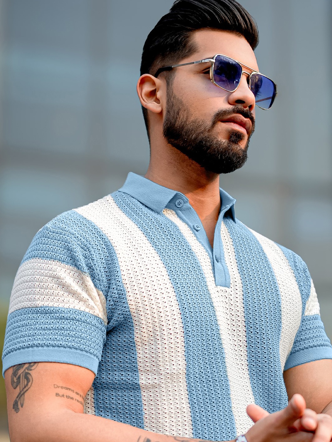 

Maniac Men Striped Polo Collar Slim Fit T-shirt, Blue