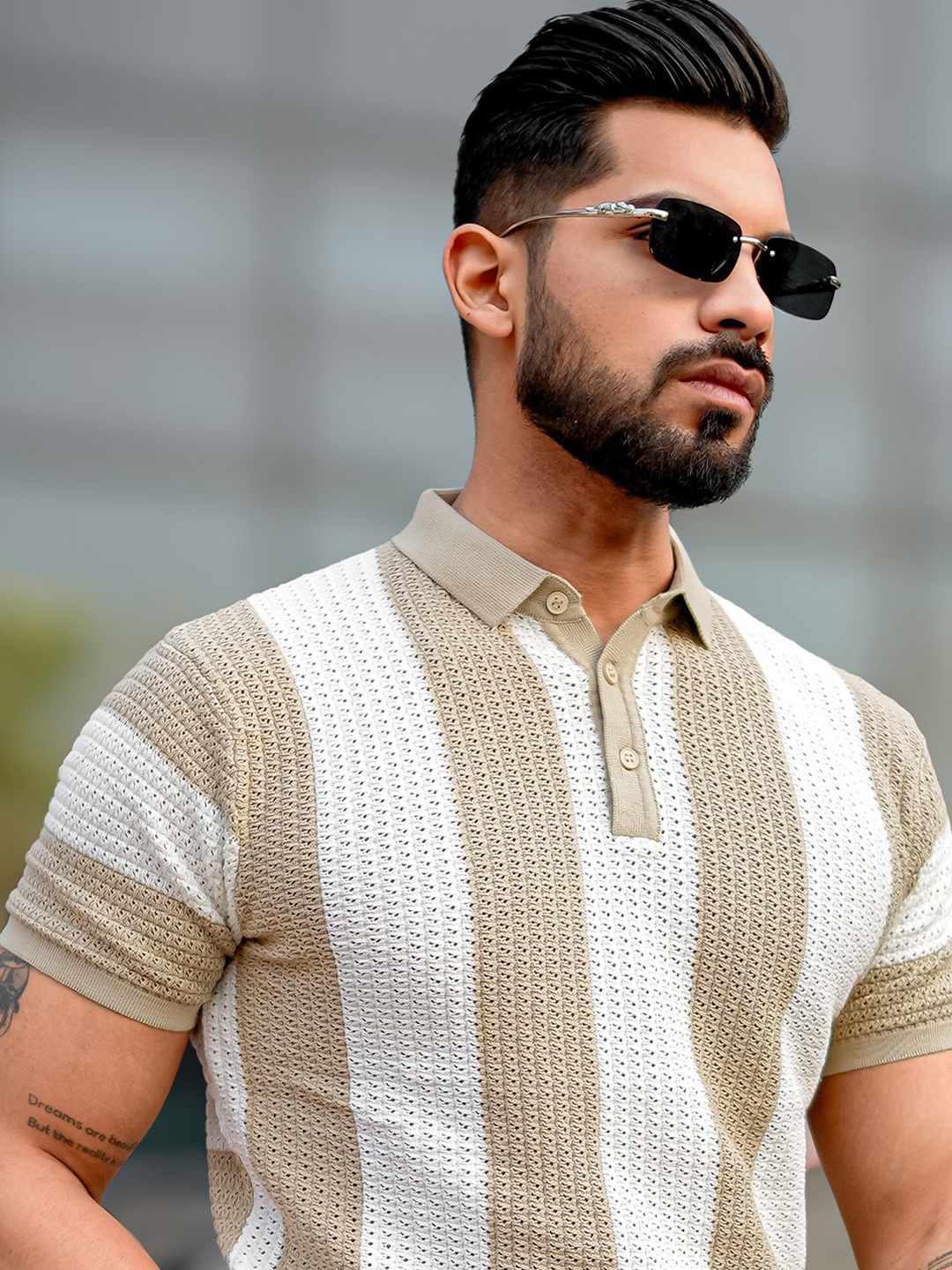 

Maniac Men Striped Polo Collar Slim Fit T-shirt, Beige