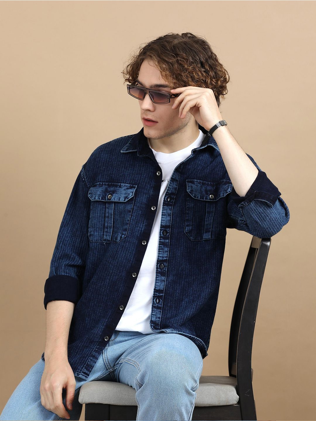 

Bushirt Men Comfort Spread Collar Faded Cotton Oversized Casual Shirt, Navy blue