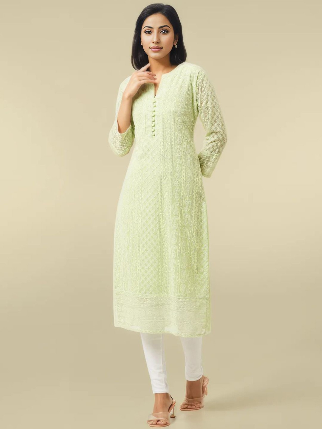 

KALINI Paisley Embroidered Three Quarter Sleeves Chikankari Kurtas, Green
