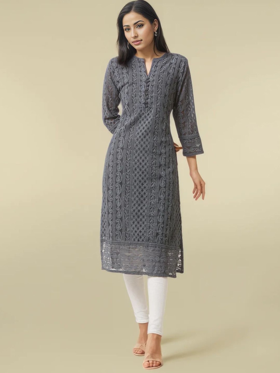 

KALINI Paisley Embroidered Three Quarter Sleeves Chikankari Kurtas, Grey