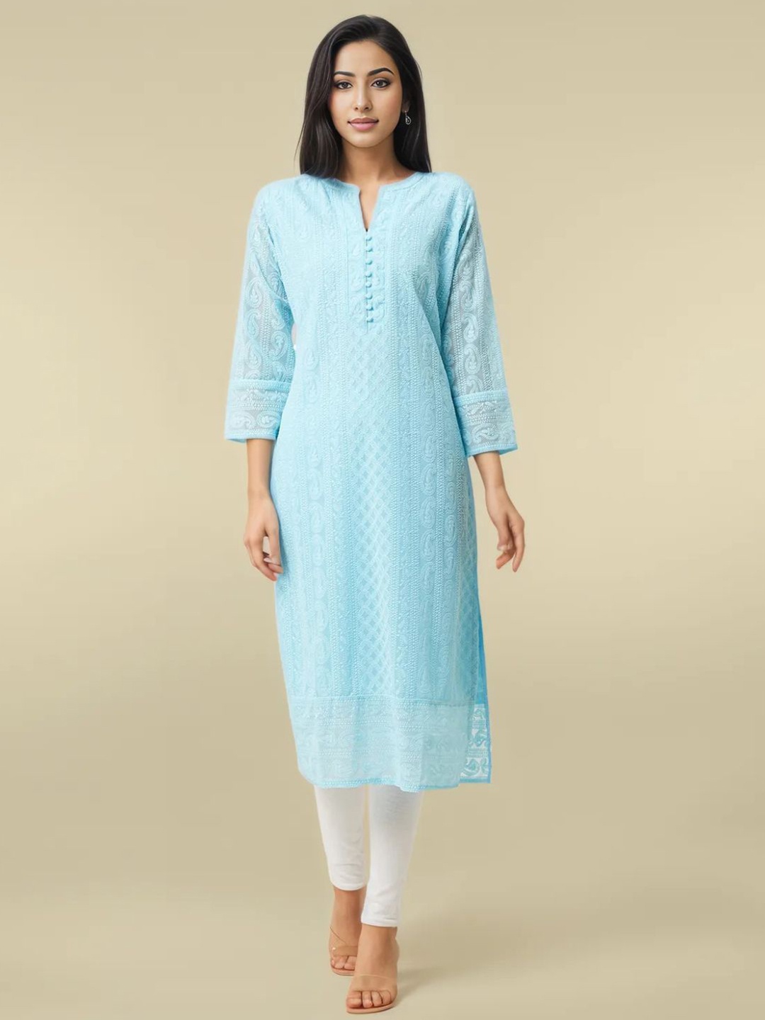 

KALINI Paisley Embroidered Three Quarter Sleeves Chikankari Kurtas, Blue