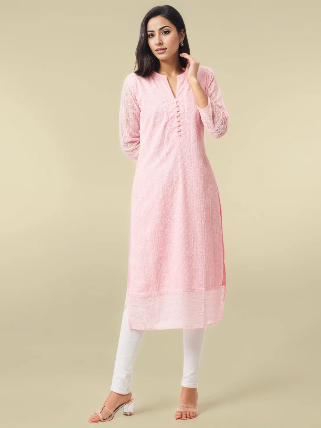 

KALINI Paisley Embroidered Three Quarter Sleeves Chikankari Kurtas, Pink