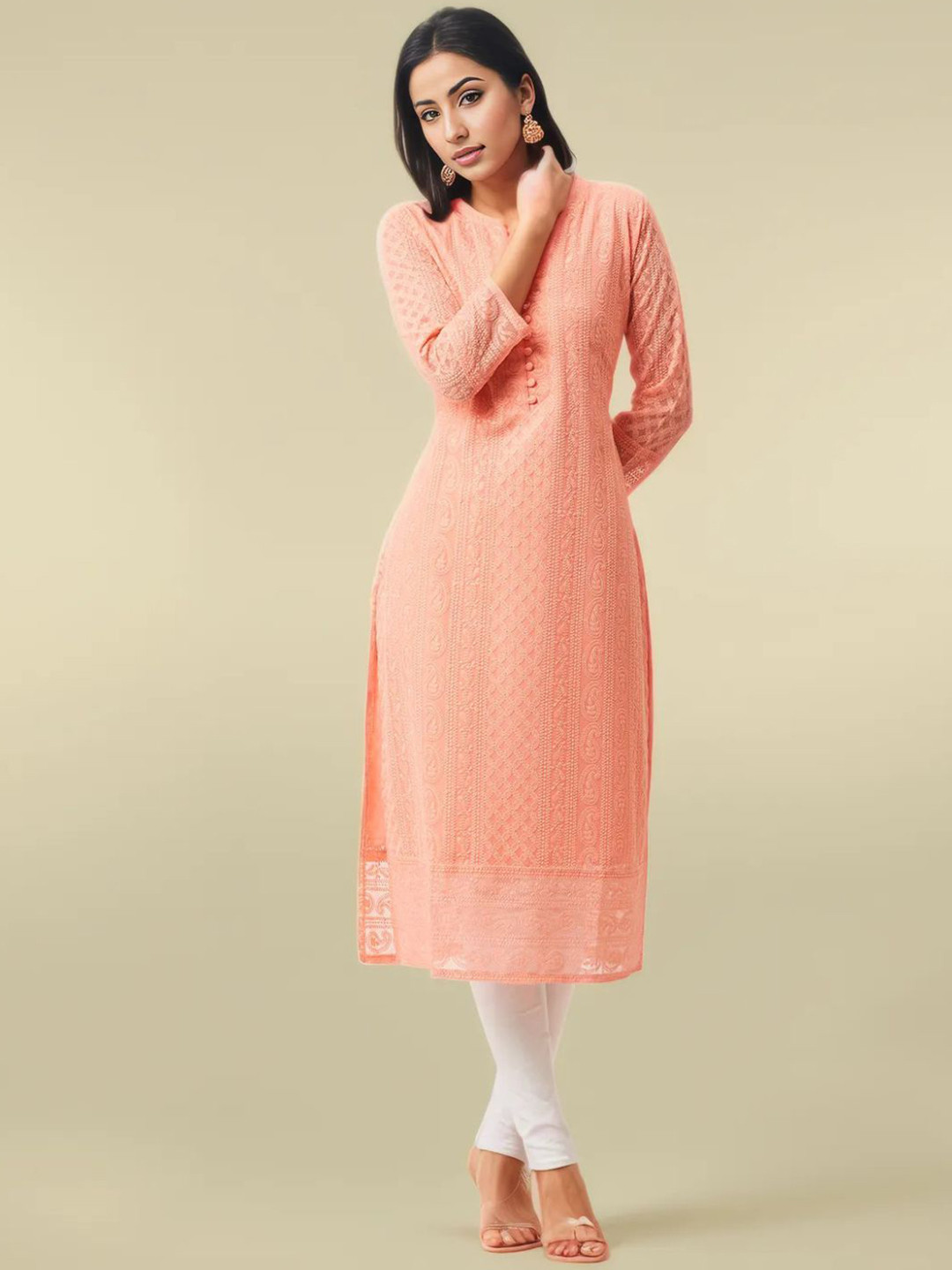 

KALINI Paisley Embroidered Three Quarter Sleeves Chikankari Kurtas, Peach
