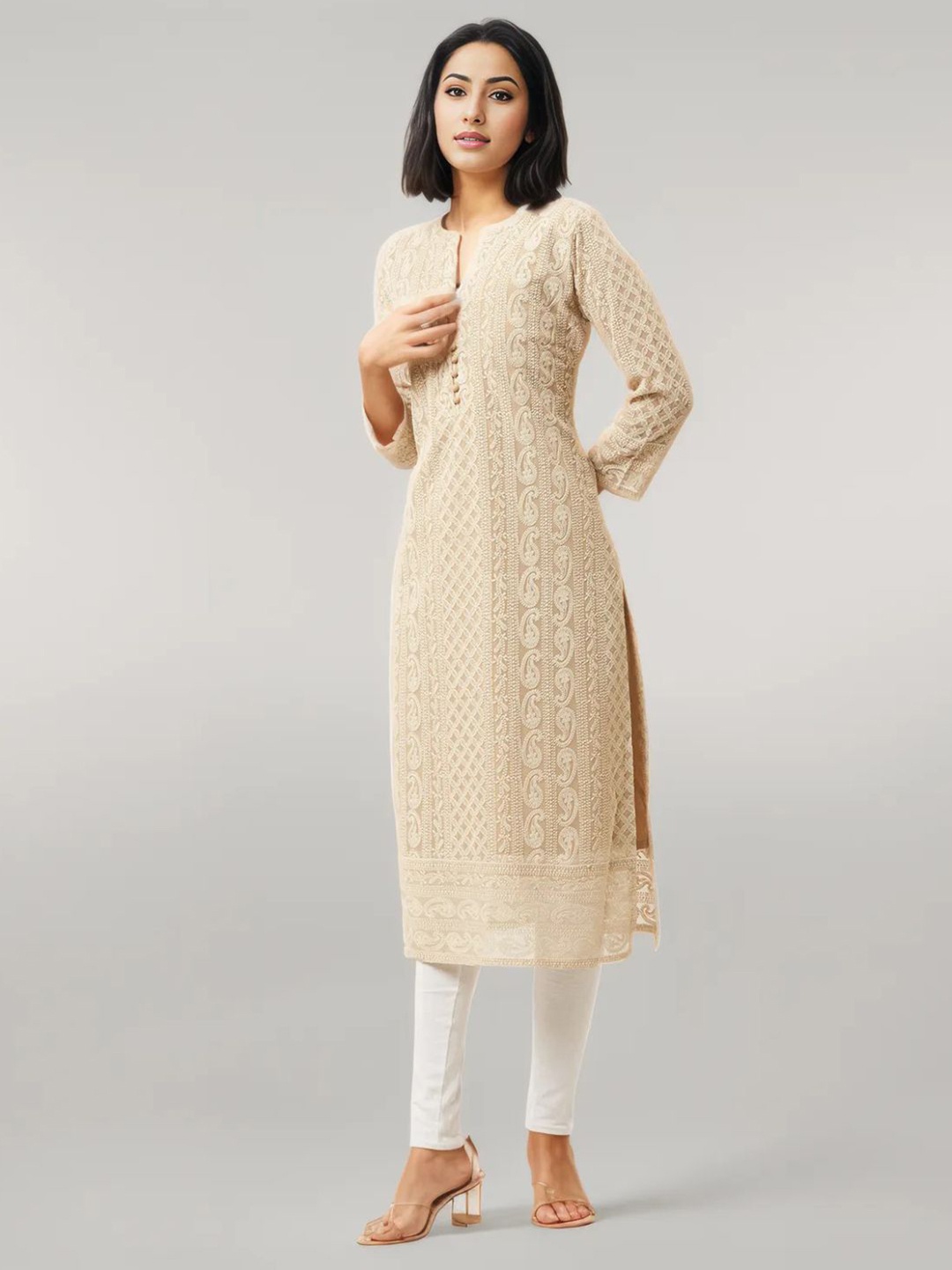 

KALINI Paisley Embroidered Three Quarter Sleeves Chikankari Kurtas, Beige