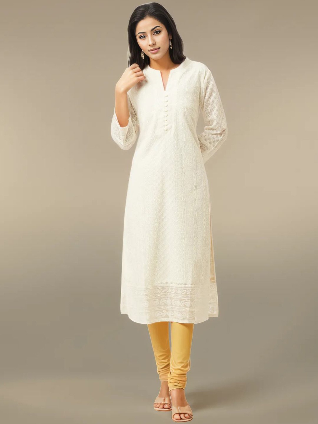 

KALINI Paisley Embroidered Three Quarter Sleeves Chikankari Kurtas, White
