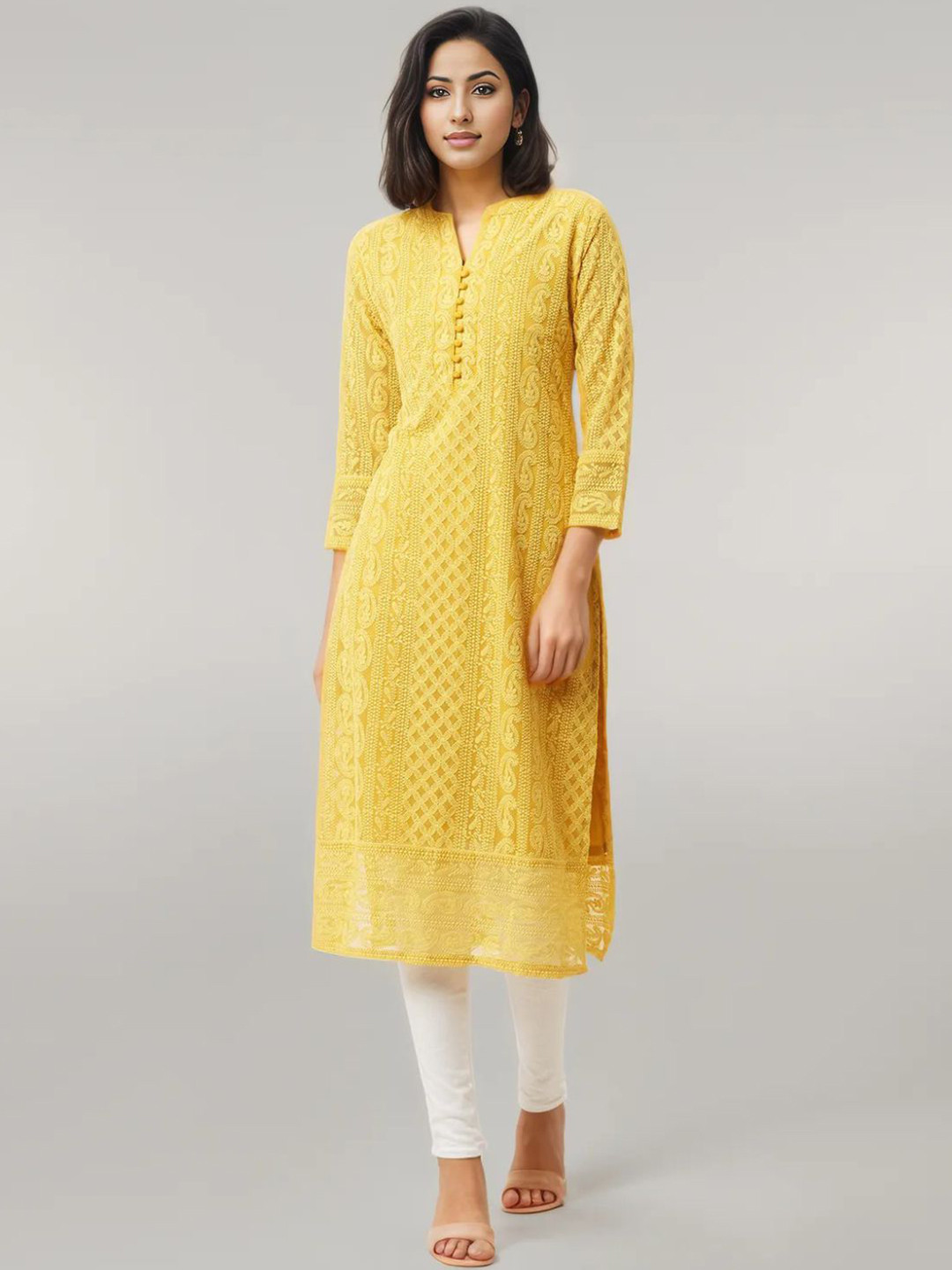 

KALINI Paisley Embroidered Three Quarter Sleeves Chikankari Kurtas, Yellow