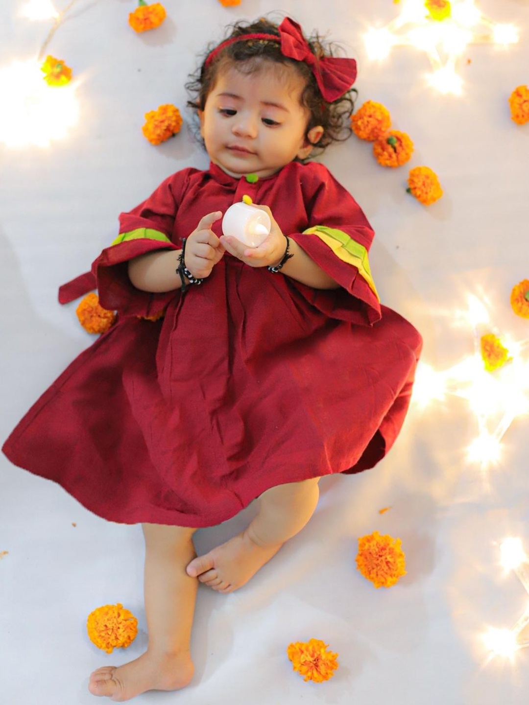 

BownBee Girls Pure Cotton Frill Dress with Headband, Red