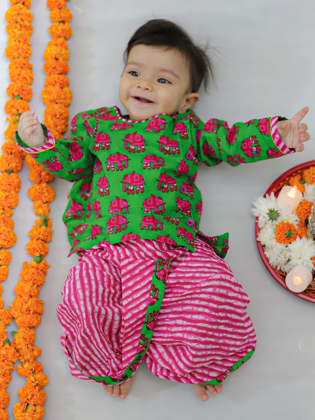 

BownBee Boys Pure Cotton Printed Dhoti Pants Clothing Set, Green