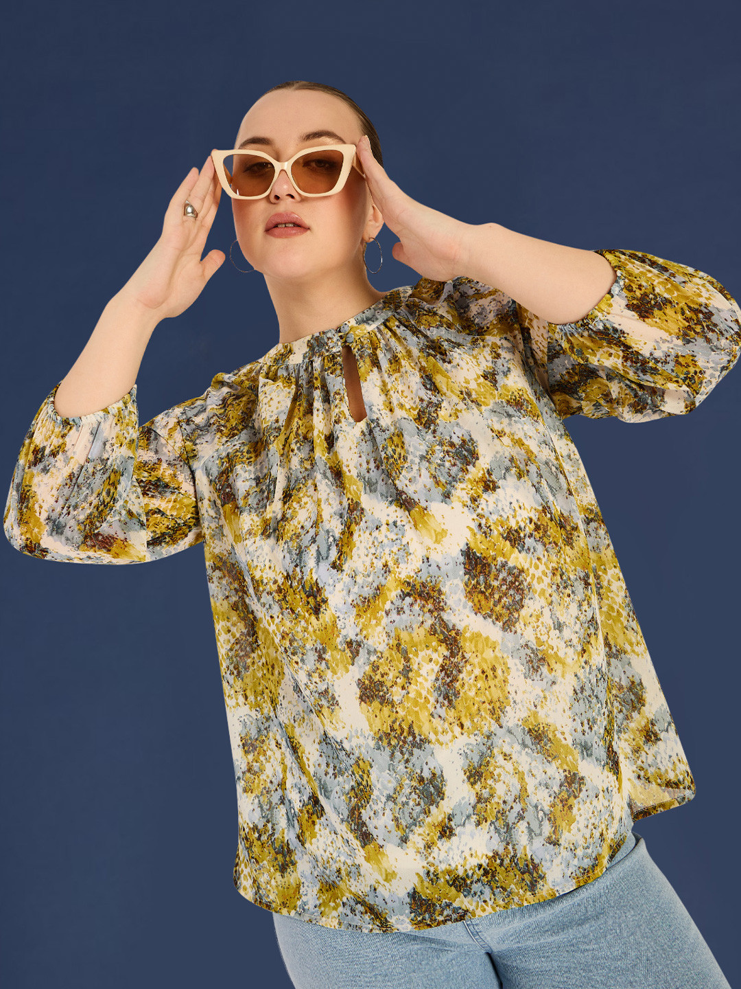 

wild U Floral Print Keyhole Neck Georgette Top, Off white