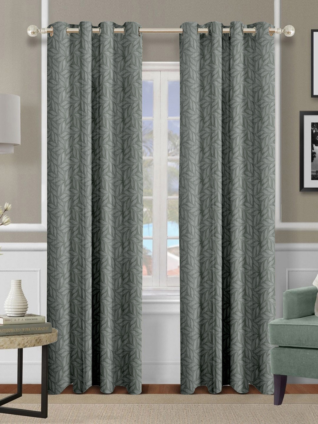 Aura Grey & White Set of 2 Floral Door Curtain