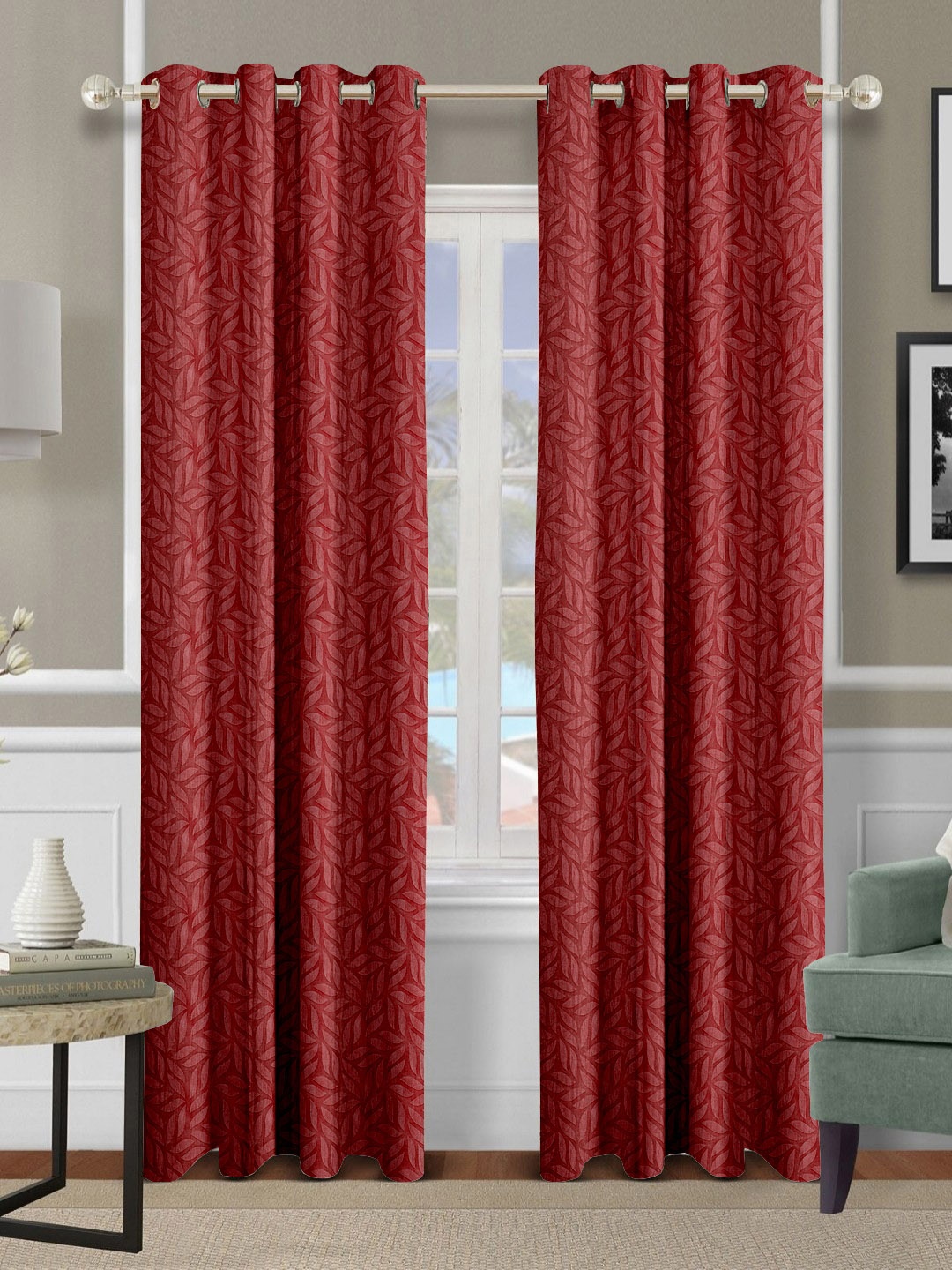 Aura Maroon Set of 2 Floral Long Door Curtain