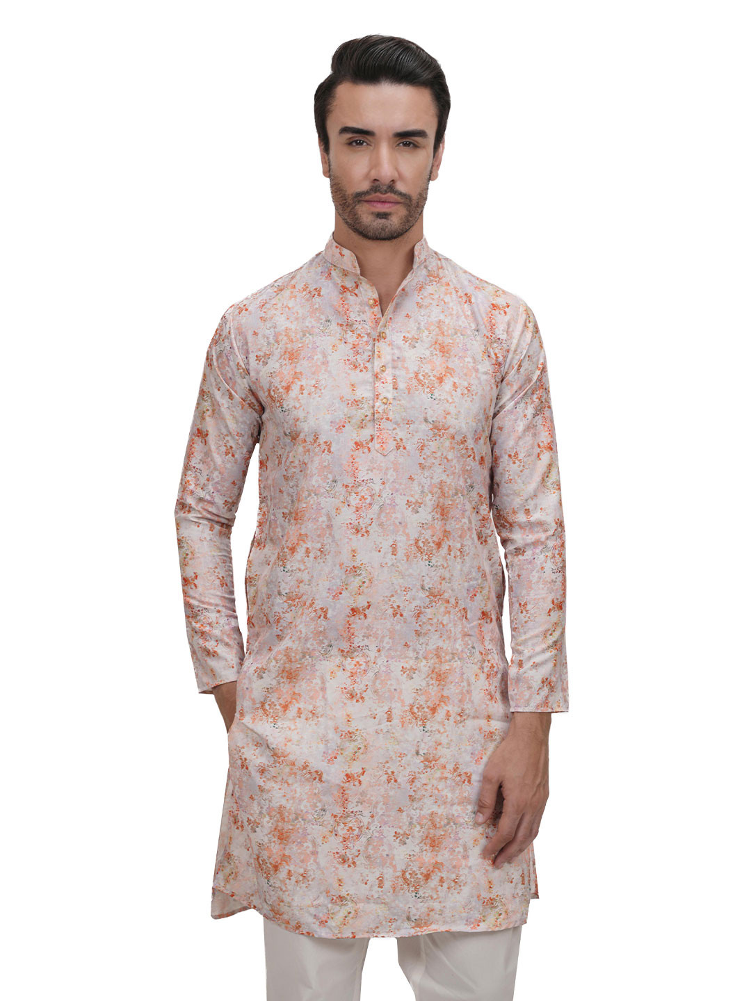 

DIOGO LOUIS Men Floral Printed Cotton Linen Long Kurta, Pink