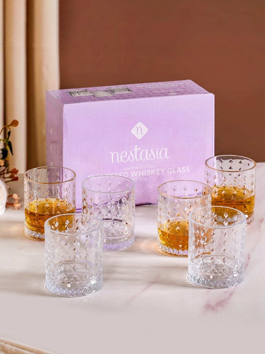 

Nestasia 6 Pcs Diamond Embossed Whiskey Glasses 250ml, Transparent