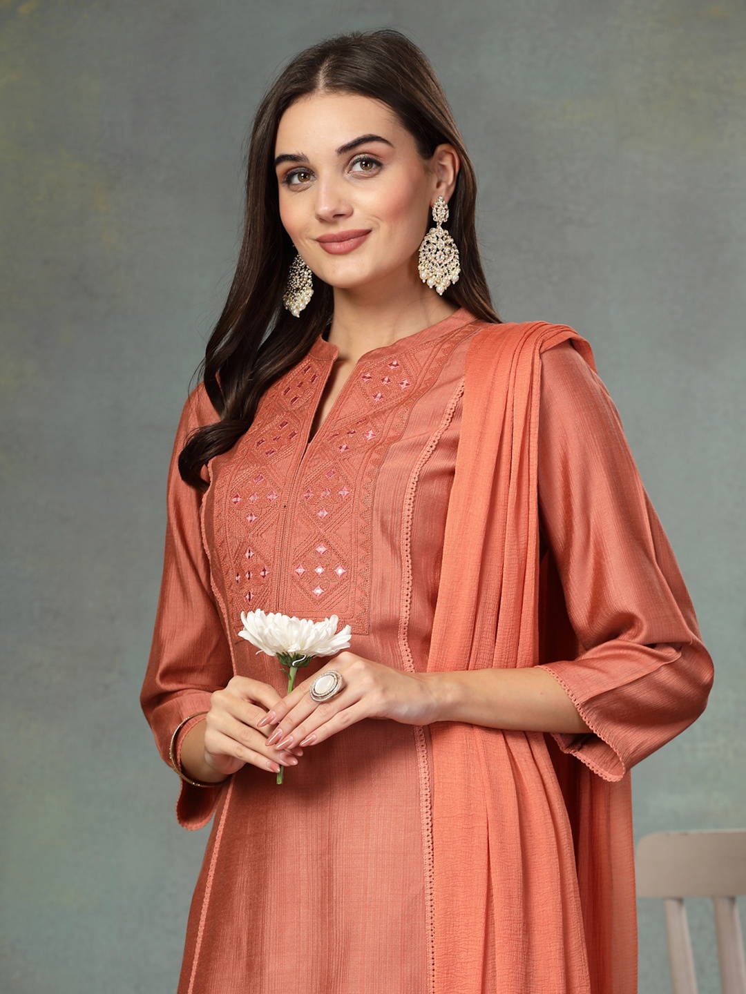 

Nayam By Lakshita Women Embroidered Regular Kurta with Palazzos, Peach