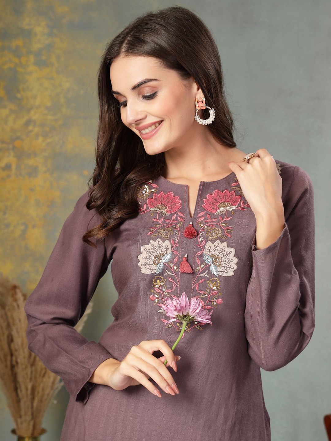 

Nayam By Lakshita Women Paisley Embroidered Regular Kurti with Palazzos, Mauve