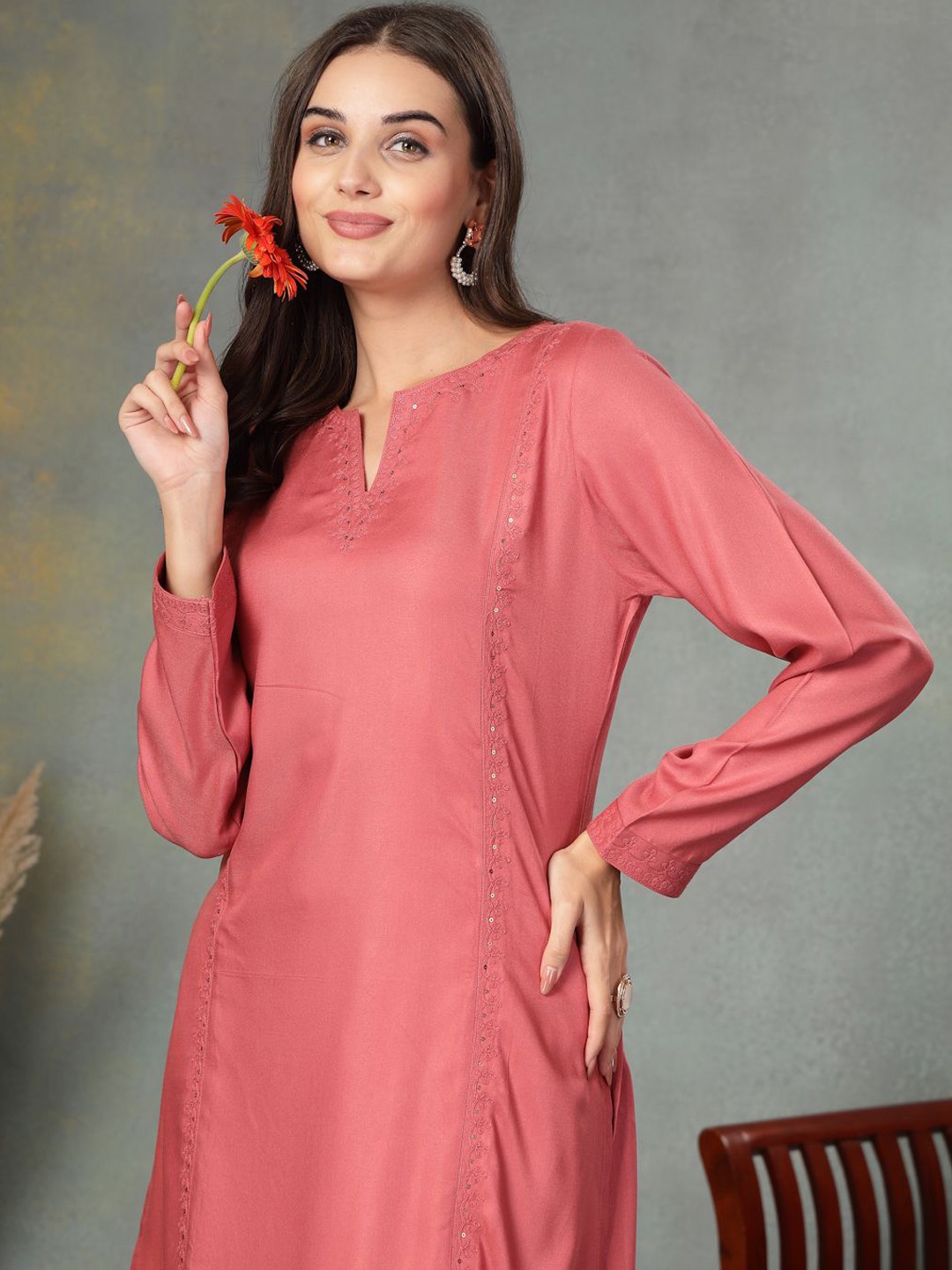 

Nayam By Lakshita Women Embroidered Regular Thread Work Kurta with Palazzos, Pink