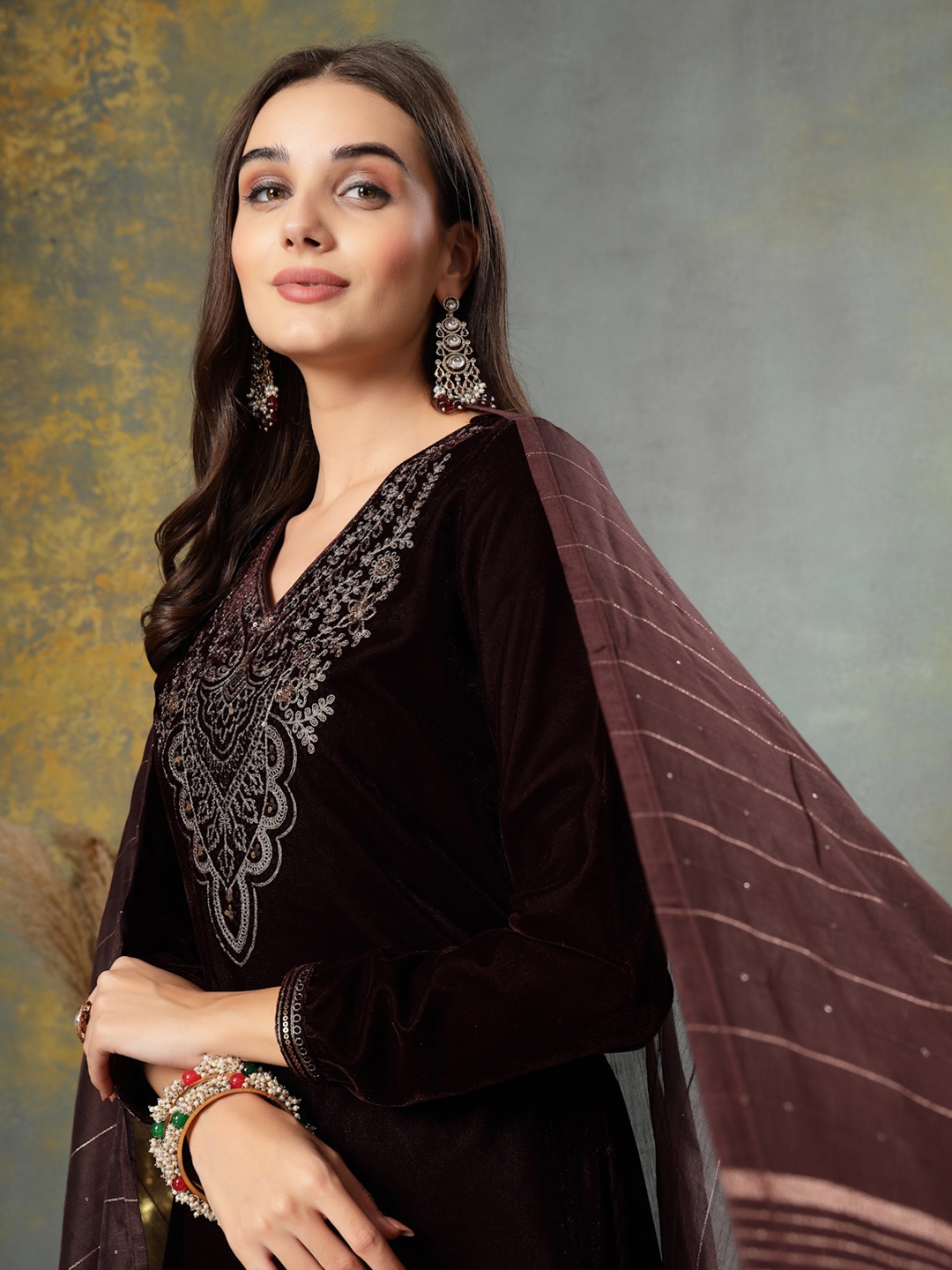 

Nayam By Lakshita Women Embroidered Regular Thread Work Velvet Kurta with Palazzos & With Dupatta, Brown