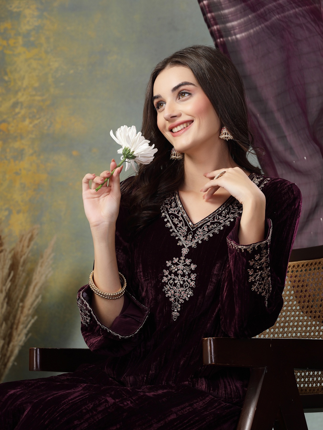 

Nayam By Lakshita Women Regular Velvet Kurta with Trousers & With Dupatta, Purple