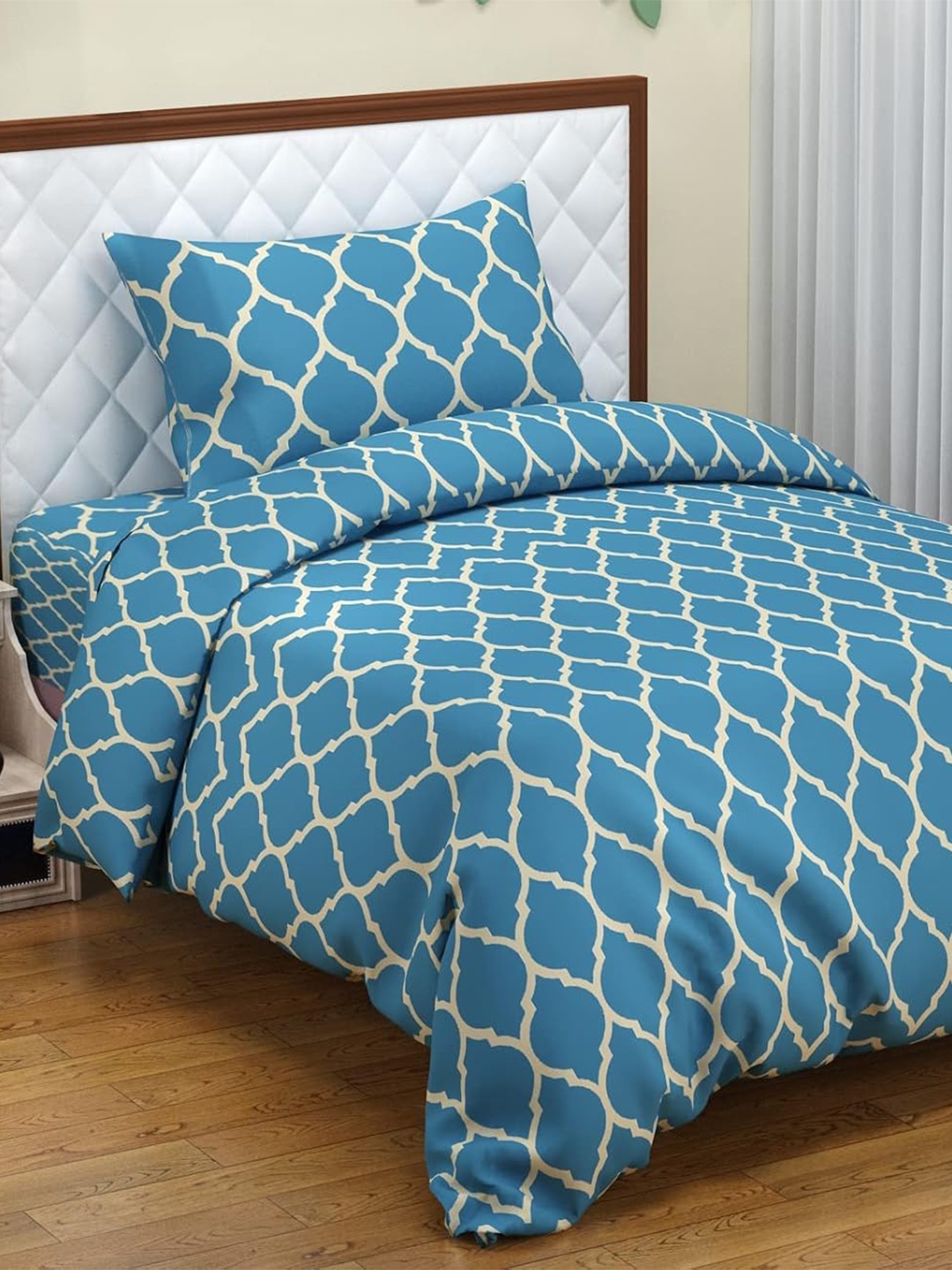 

Trance Home Linen 200TC Zippered Single Rajai Cover/Blanket Cover with 1 Pillow Cover, Blue